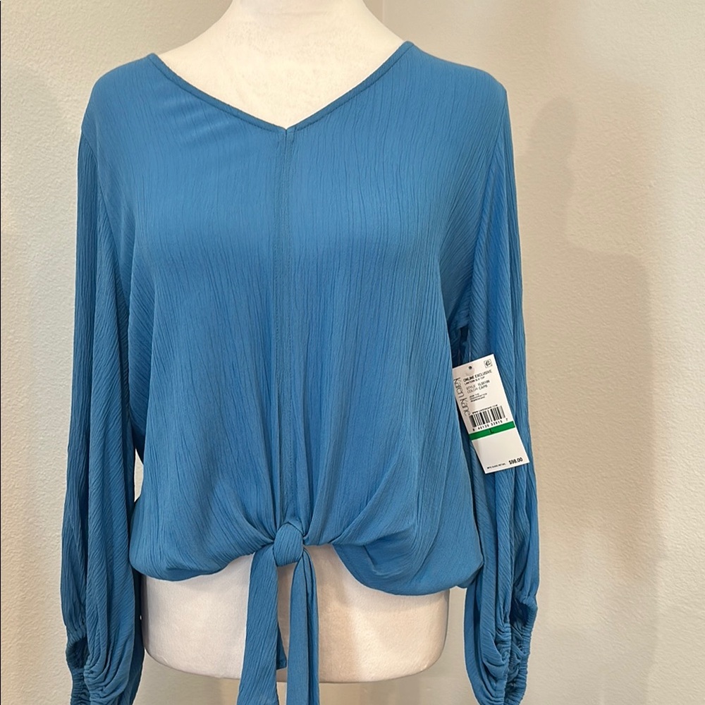 Karen Kane Teal V-Neck Blouse with Tie Front